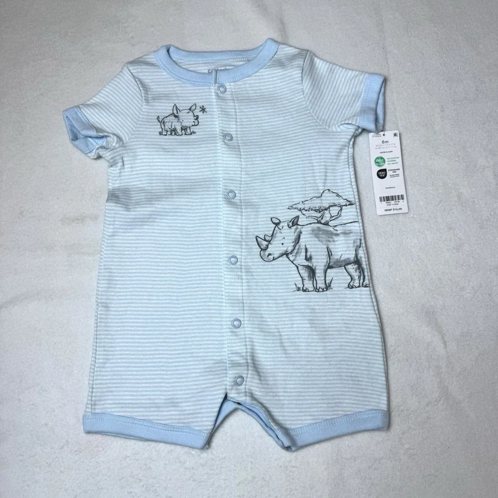 New‎ Carters Rhino Baby Romper 6 Months Blue Striped One Piece Rhinoceros Cotton